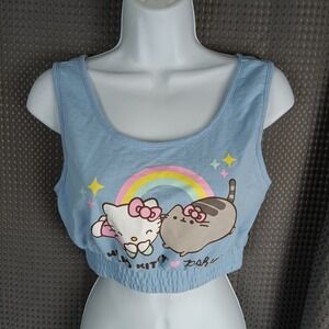 Hello Kitty x Pusheen Graphic Crop Tank Top Women's Size S Blue Sleeveless